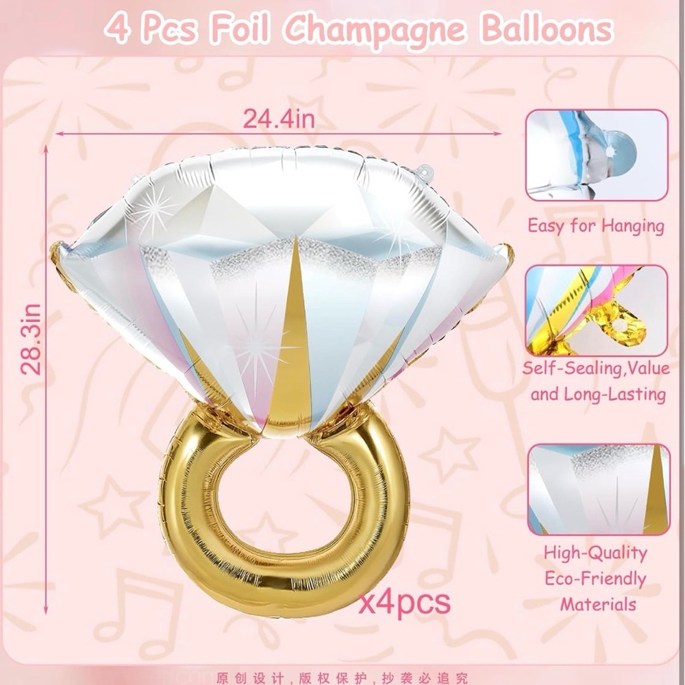 Diamond Ring Foil Balloons - White and Gold (4 Pack) - Picture 3 of 3